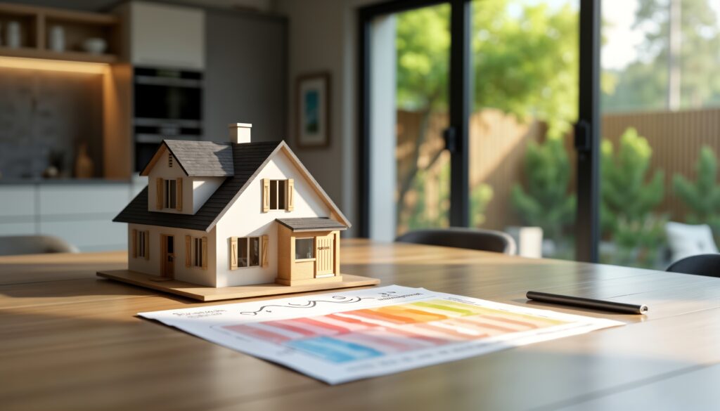 Eco friendly real estate concept. Property energy performance evaluation for sustainability. Modern home model displayed